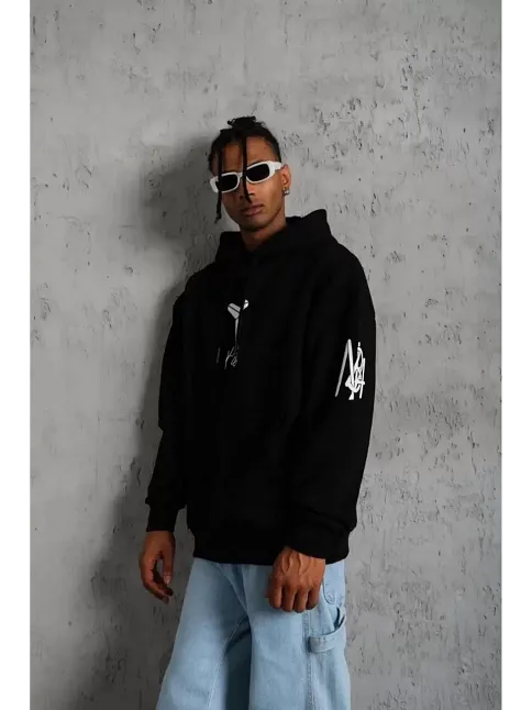 Erkek 3 İplik Pamuklu Kapüşonlu Kanguru Cepli Baskılı Oversize Hoodie Sweatshirt - Siyah