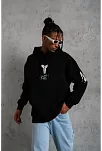 Erkek 3 İplik Pamuklu Kapüşonlu Kanguru Cepli Baskılı Oversize Hoodie Sweatshirt - Siyah