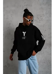 Erkek 3 İplik Pamuklu Kapüşonlu Kanguru Cepli Baskılı Oversize Hoodie Sweatshirt - Siyah