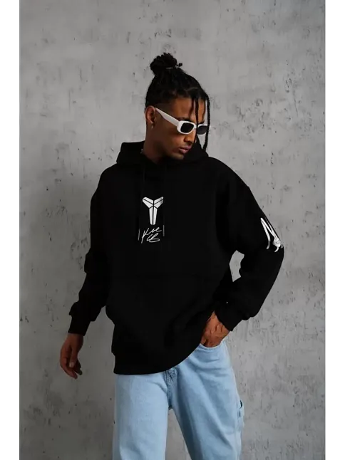 Erkek 3 İplik Pamuklu Kapüşonlu Kanguru Cepli Baskılı Oversize Hoodie Sweatshirt - Siyah