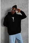 Erkek 3 İplik Pamuklu Kapüşonlu Kanguru Cepli Baskılı Oversize Hoodie Sweatshirt - Siyah