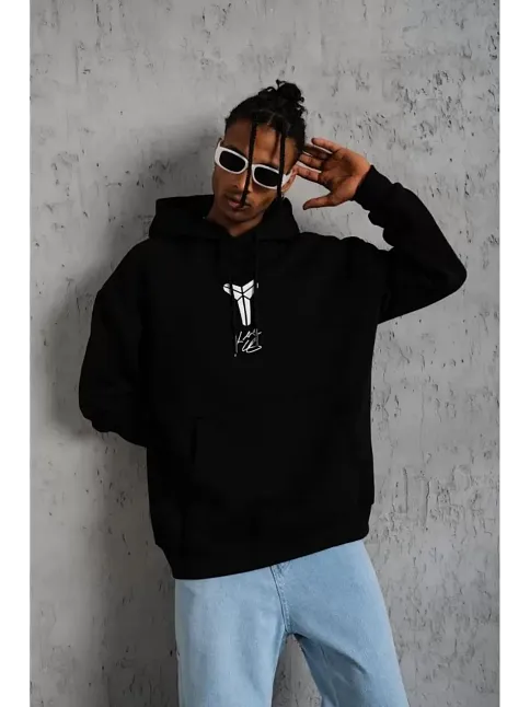 Erkek 3 İplik Pamuklu Kapüşonlu Kanguru Cepli Baskılı Oversize Hoodie Sweatshirt - Siyah