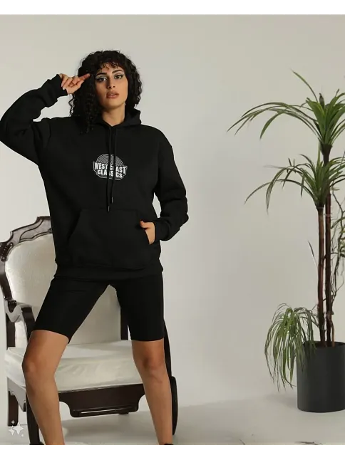 Kadın Oversize Kapüşonlu Cepli Baskılı 3 İplik Pamuklu Hoodie Sweatshirt - Siyah