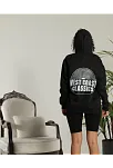 Kadın Oversize Kapüşonlu Cepli Baskılı 3 İplik Pamuklu Hoodie Sweatshirt - Siyah