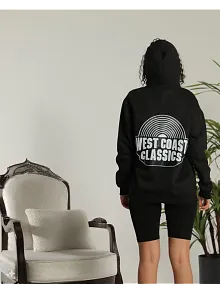 Kadın Oversize Kapüşonlu Cepli Baskılı 3 İplik Pamuklu Hoodie Sweatshirt - Siyah