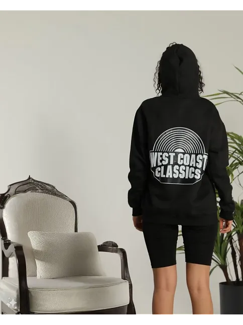 Kadın Oversize Kapüşonlu Cepli Baskılı 3 İplik Pamuklu Hoodie Sweatshirt - Siyah