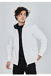 Erkek 3 İplik Pamuklu Kapüşonlu Tam Fermuarlı Cepli Hoodie Sweatshirt - Beyaz