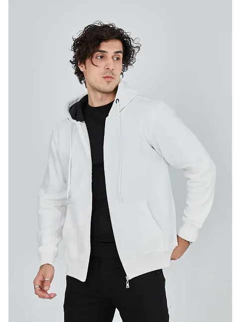 Erkek 3 İplik Pamuklu Kapüşonlu Tam Fermuarlı Cepli Hoodie Sweatshirt - Beyaz