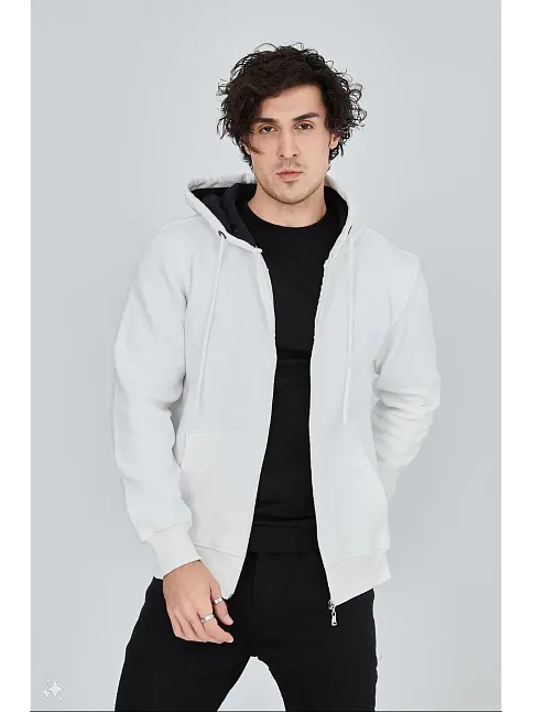 Erkek 3 İplik Pamuklu Kapüşonlu Tam Fermuarlı Cepli Hoodie Sweatshirt - Beyaz