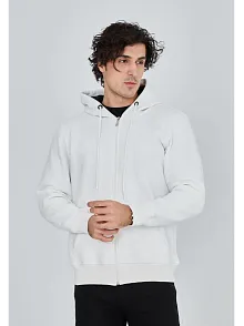 Erkek 3 İplik Pamuklu Kapüşonlu Tam Fermuarlı Cepli Hoodie Sweatshirt - Beyaz