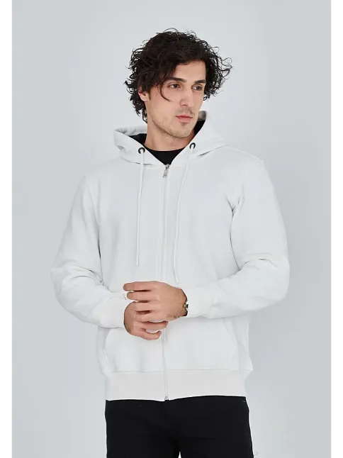 Erkek 3 İplik Pamuklu Kapüşonlu Tam Fermuarlı Cepli Hoodie Sweatshirt - Beyaz