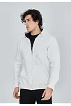 Erkek 3 İplik Pamuklu Kapüşonlu Tam Fermuarlı Cepli Hoodie Sweatshirt - Beyaz