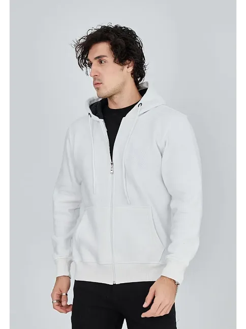 Erkek 3 İplik Pamuklu Kapüşonlu Tam Fermuarlı Cepli Hoodie Sweatshirt - Beyaz