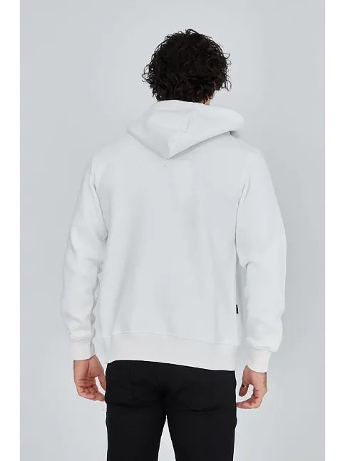 Erkek 3 İplik Pamuklu Kapüşonlu Tam Fermuarlı Cepli Hoodie Sweatshirt - Beyaz