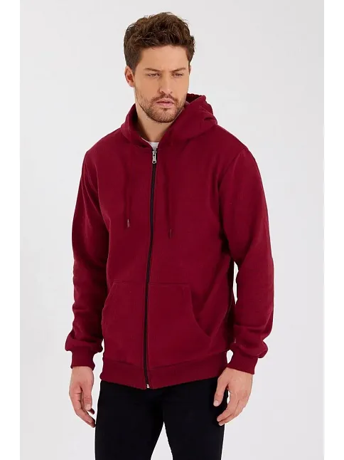 Erkek 3 İplik Pamuklu Tam Fermuarlı Kapüşonlu Kanguru Cepli Düz Hoodie Sweatshirt - Bordo