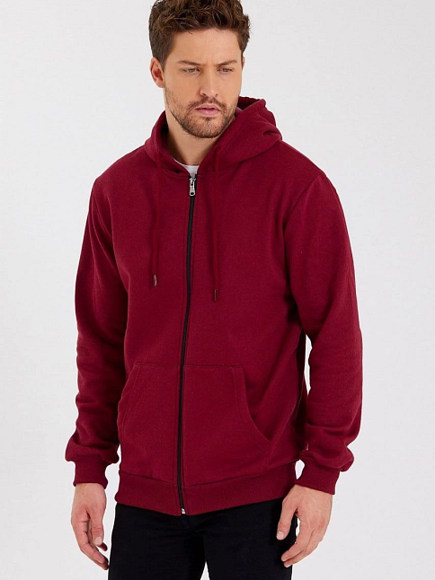 Erkek 3 İplik Pamuklu Tam Fermuarlı Kapüşonlu Kanguru Cepli Düz Hoodie Sweatshirt - Bordo
