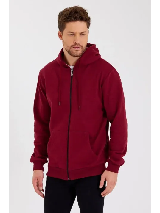 Erkek 3 İplik Pamuklu Tam Fermuarlı Kapüşonlu Kanguru Cepli Düz Hoodie Sweatshirt - Bordo Erkek 3 İplik Pamuklu Tam Fermuarlı Kapüşonlu Kanguru Cepli Düz Hoodie Sweatshirt - Bordo