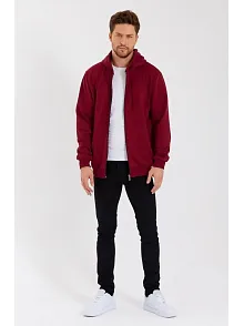 Erkek 3 İplik Pamuklu Tam Fermuarlı Kapüşonlu Kanguru Cepli Düz Hoodie Sweatshirt - Bordo