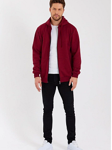 Erkek 3 İplik Pamuklu Tam Fermuarlı Kapüşonlu Kanguru Cepli Düz Hoodie Sweatshirt - Bordo