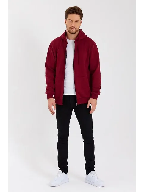 Erkek 3 İplik Pamuklu Tam Fermuarlı Kapüşonlu Kanguru Cepli Düz Hoodie Sweatshirt - Bordo
