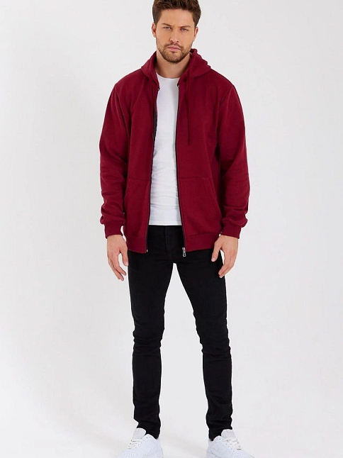 Erkek 3 İplik Pamuklu Tam Fermuarlı Kapüşonlu Kanguru Cepli Düz Hoodie Sweatshirt - Bordo