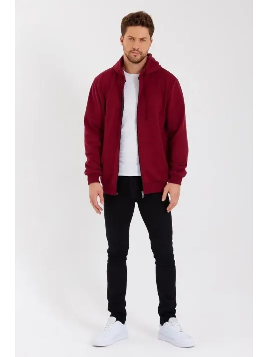Erkek 3 İplik Pamuklu Tam Fermuarlı Kapüşonlu Kanguru Cepli Düz Hoodie Sweatshirt - Bordo Erkek 3 İplik Pamuklu Tam Fermuarlı Kapüşonlu Kanguru Cepli Düz Hoodie Sweatshirt - Bordo