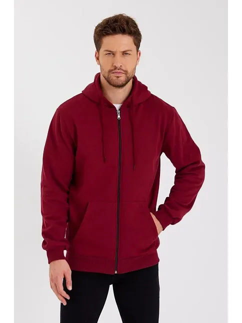 Erkek 3 İplik Pamuklu Tam Fermuarlı Kapüşonlu Kanguru Cepli Düz Hoodie Sweatshirt - Bordo