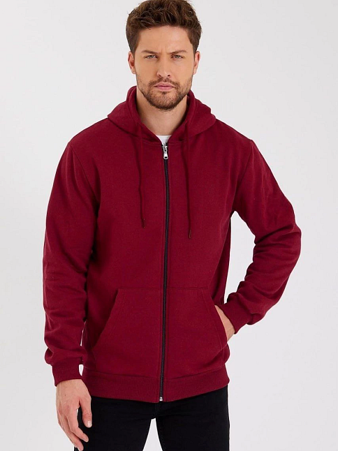Erkek 3 İplik Pamuklu Tam Fermuarlı Kapüşonlu Kanguru Cepli Düz Hoodie Sweatshirt - Bordo