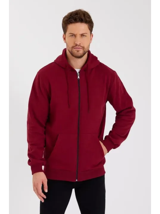 Erkek 3 İplik Pamuklu Tam Fermuarlı Kapüşonlu Kanguru Cepli Düz Hoodie Sweatshirt - Bordo Erkek 3 İplik Pamuklu Tam Fermuarlı Kapüşonlu Kanguru Cepli Düz Hoodie Sweatshirt - Bordo