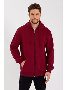 Erkek 3 İplik Pamuklu Tam Fermuarlı Kapüşonlu Kanguru Cepli Düz Hoodie Sweatshirt - Bordo