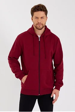 Erkek 3 İplik Pamuklu Tam Fermuarlı Kapüşonlu Kanguru Cepli Düz Hoodie Sweatshirt - Bordo