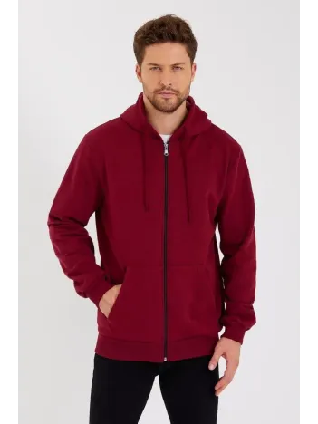 Erkek 3 İplik Pamuklu Tam Fermuarlı Kapüşonlu Kanguru Cepli Düz Hoodie Sweatshirt - Bordo