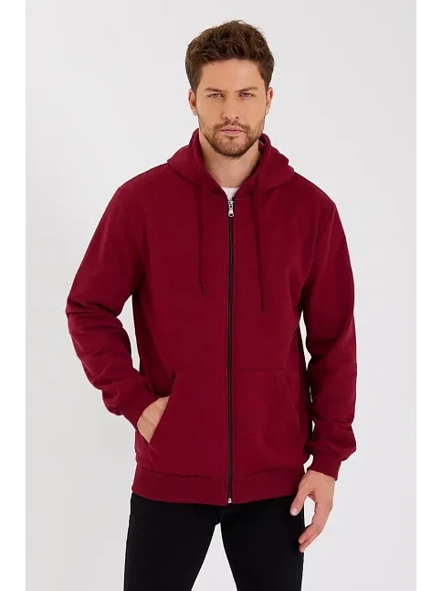 Erkek 3 İplik Pamuklu Tam Fermuarlı Kapüşonlu Kanguru Cepli Düz Hoodie Sweatshirt - Bordo
