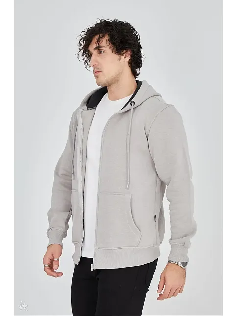 Erkek 3 İplik Pamuklu Kapüşonlu Tam Fermuarlı Cepli Hoodie Sweatshirt - Boyalı Gri