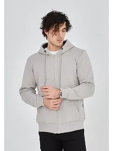 Erkek 3 İplik Pamuklu Kapüşonlu Tam Fermuarlı Cepli Hoodie Sweatshirt - Boyalı Gri
