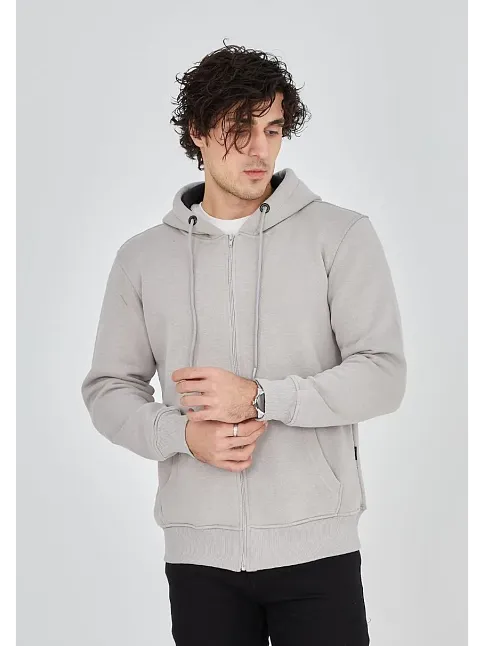 Erkek 3 İplik Pamuklu Kapüşonlu Tam Fermuarlı Cepli Hoodie Sweatshirt - Boyalı Gri