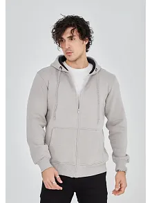Erkek 3 İplik Pamuklu Kapüşonlu Tam Fermuarlı Cepli Hoodie Sweatshirt - Boyalı Gri