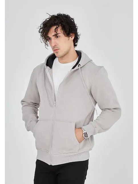 Erkek 3 İplik Pamuklu Kapüşonlu Tam Fermuarlı Cepli Hoodie Sweatshirt - Boyalı Gri