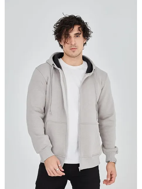 Erkek 3 İplik Pamuklu Kapüşonlu Tam Fermuarlı Cepli Hoodie Sweatshirt - Boyalı Gri