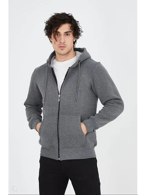 Erkek 3 İplik Pamuklu Kapüşonlu Tam Fermuarlı Cepli Hoodie Sweatshirt - Füme