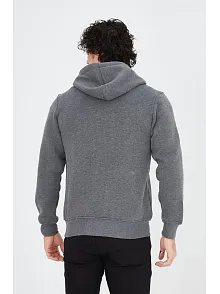 Erkek 3 İplik Pamuklu Kapüşonlu Tam Fermuarlı Cepli Hoodie Sweatshirt - Füme