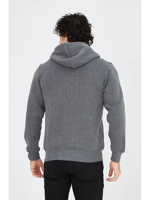 Erkek 3 İplik Pamuklu Kapüşonlu Tam Fermuarlı Cepli Hoodie Sweatshirt - Füme