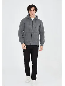 Erkek 3 İplik Pamuklu Kapüşonlu Tam Fermuarlı Cepli Hoodie Sweatshirt - Füme