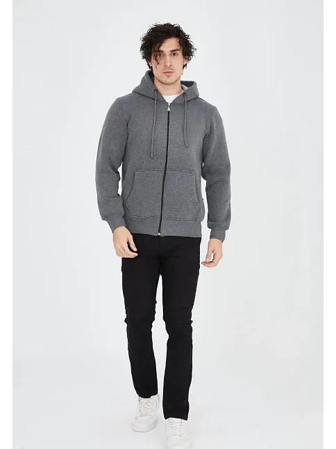 Erkek 3 İplik Pamuklu Kapüşonlu Tam Fermuarlı Cepli Hoodie Sweatshirt - Füme