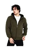 Erkek 3 İplik Pamuklu Kapüşonlu Tam Fermuarlı Cepli Hoodie Sweatshirt - Haki