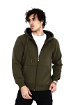 Erkek 3 İplik Pamuklu Kapüşonlu Tam Fermuarlı Cepli Hoodie Sweatshirt - Haki
