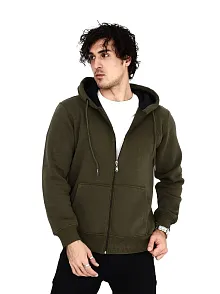 Erkek 3 İplik Pamuklu Kapüşonlu Tam Fermuarlı Cepli Hoodie Sweatshirt - Haki
