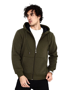 Erkek 3 İplik Pamuklu Kapüşonlu Tam Fermuarlı Cepli Hoodie Sweatshirt - Haki
