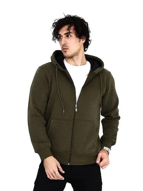 Erkek 3 İplik Pamuklu Kapüşonlu Tam Fermuarlı Cepli Hoodie Sweatshirt - Haki