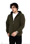 Erkek 3 İplik Pamuklu Kapüşonlu Tam Fermuarlı Cepli Hoodie Sweatshirt - Haki